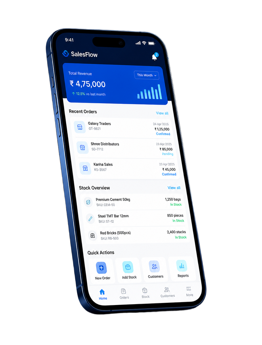 VendNexo aberto no celular mostrando pedidos e estoque